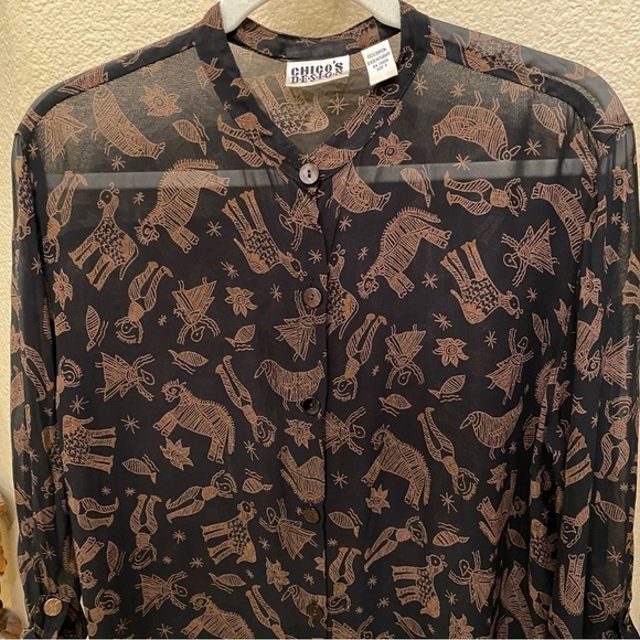 Vintage CHICO’S Women People Animal Print Tunic Sheer Button Shirt Size 2(12-L) - Picture 3 of 9